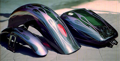 color changing flames on black motorcycle parts