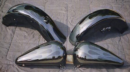 ghost flames on dark grey motorcycle parts