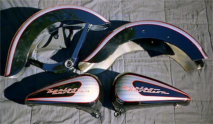 vintage scallopes on black Harley Davidson motorcycle parts